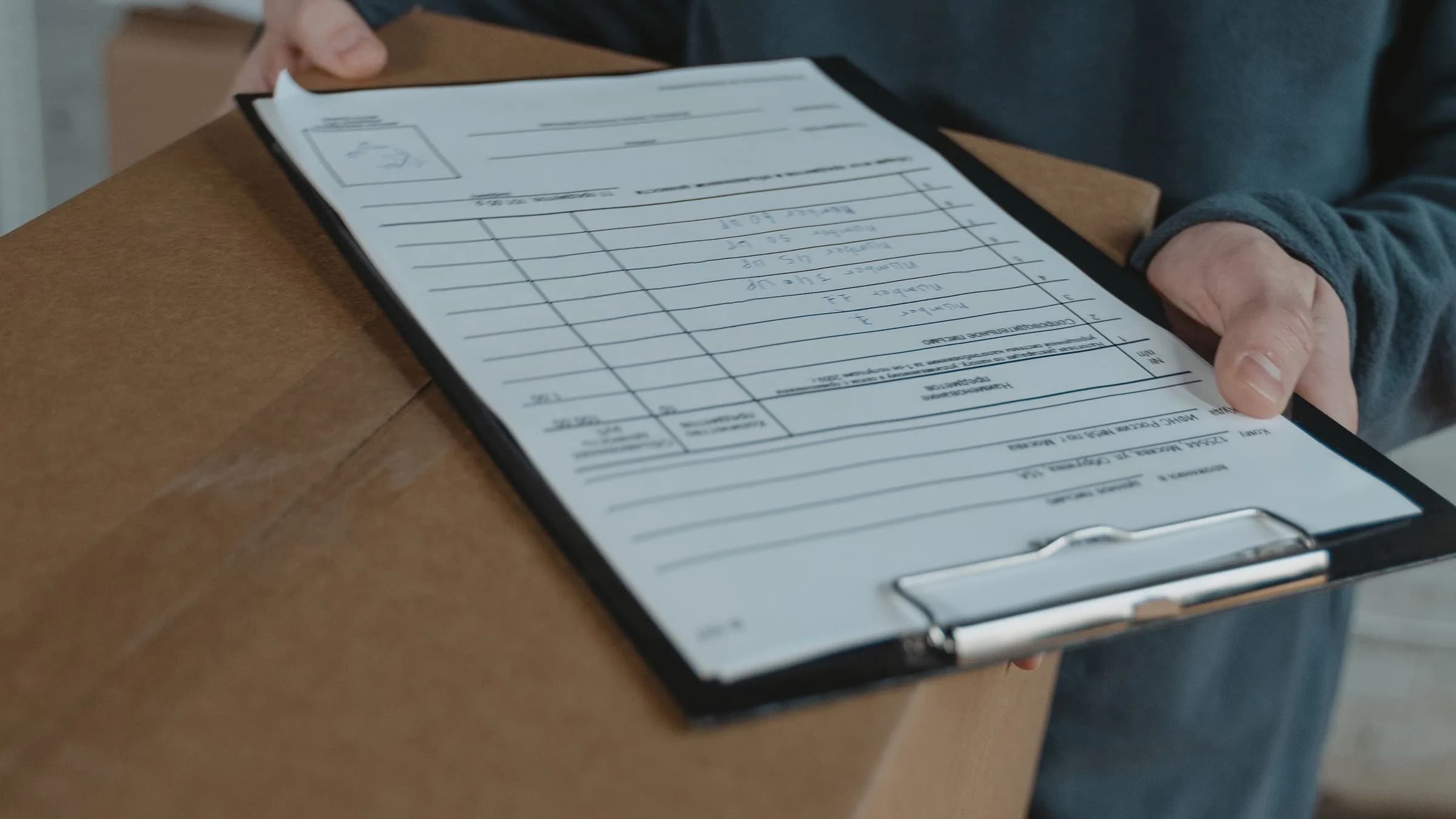A hand holds a clipboard with a printed goods checklist on top of a cardboard delivery carton.